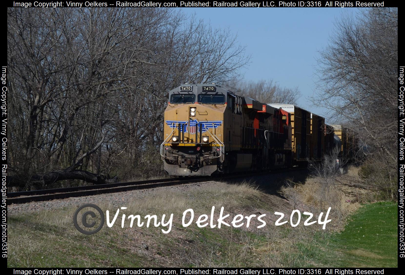 UP 7470 is a class Unknown and  is pictured in Manson, IA, United States.  This was taken along the Cherokee Subdvision  on the Canadian National Railway. Photo Copyright: Vinny Oelkers uploaded to Railroad Gallery on 04/23/2024. This photograph of UP 7470 was taken on Saturday, April 13, 2024. All Rights Reserved. 